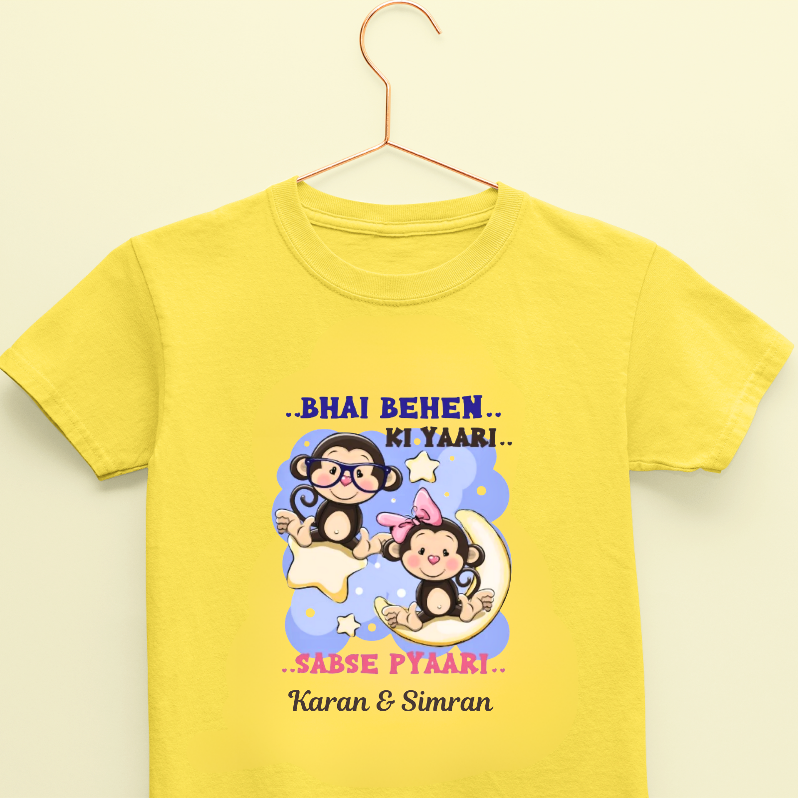 Bhai Behen Ki Yaari Rakhi T-Shirt – Personalized Sibling Raksha Bandhan Tee – Custom Names – Cute Monkey Design