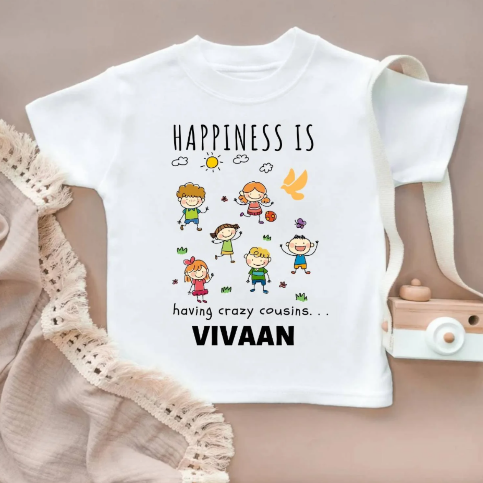 Personalized “Happiness is Having Crazy Cousins” T-shirt for Kids – Custom Name – Cousin Squad Tee – Rakhi or Family Reunion Special