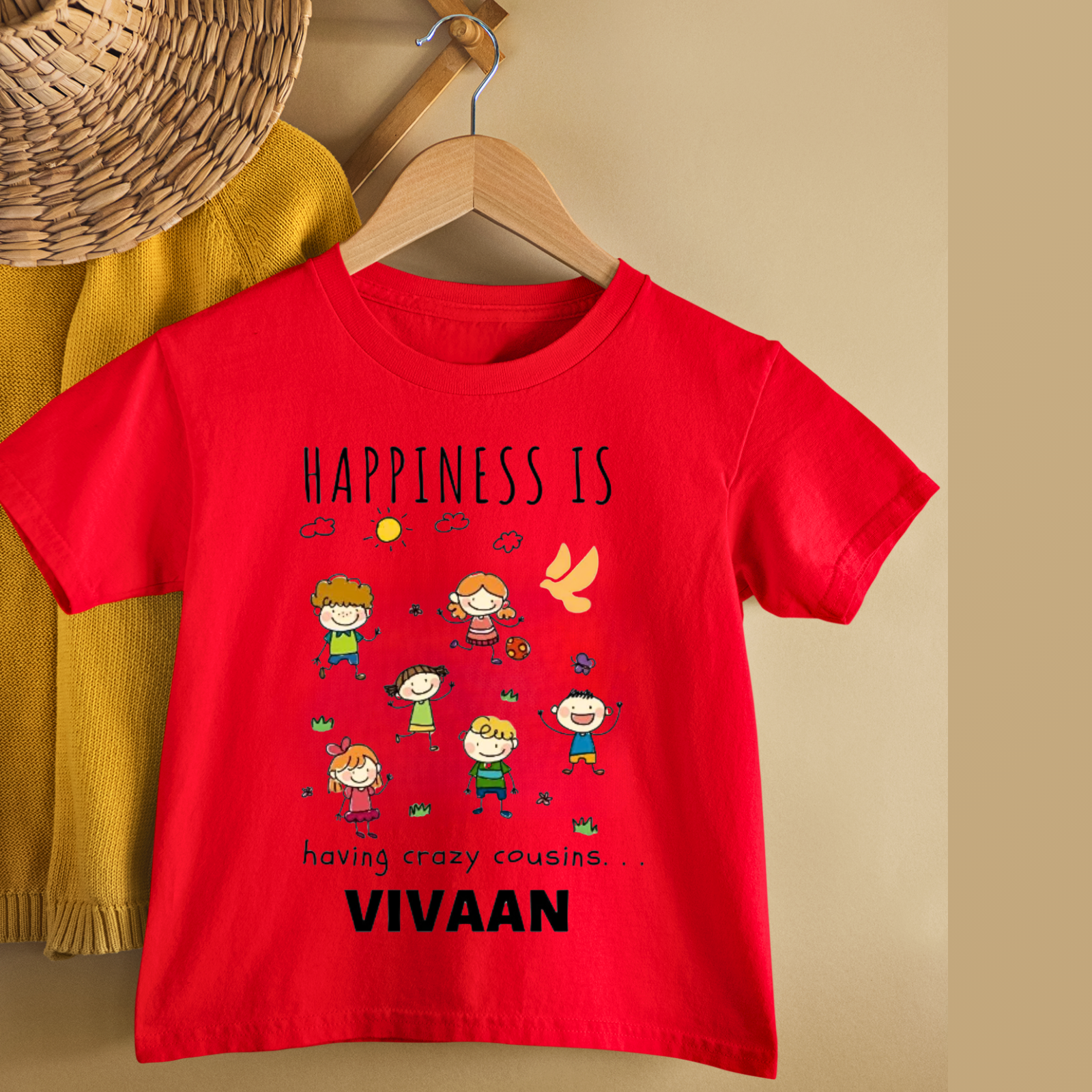 Personalized “Happiness is Having Crazy Cousins” T-shirt for Kids – Custom Name – Cousin Squad Tee – Rakhi or Family Reunion Special