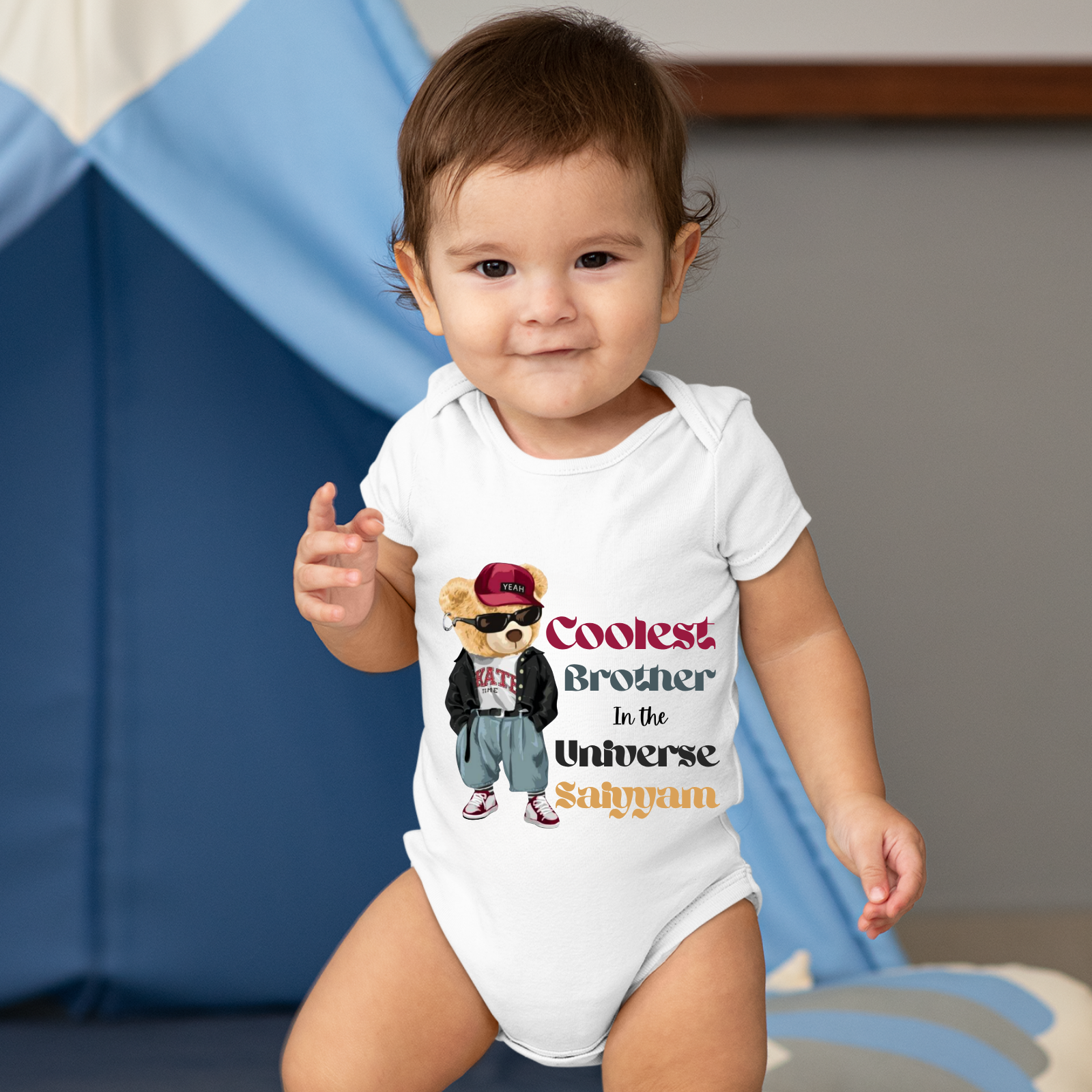 Custom “Coolest Brother in the Universe” Baby Romper – Personalized Name – Hip-Hop Bear Graphic – Rakhi Special Gift