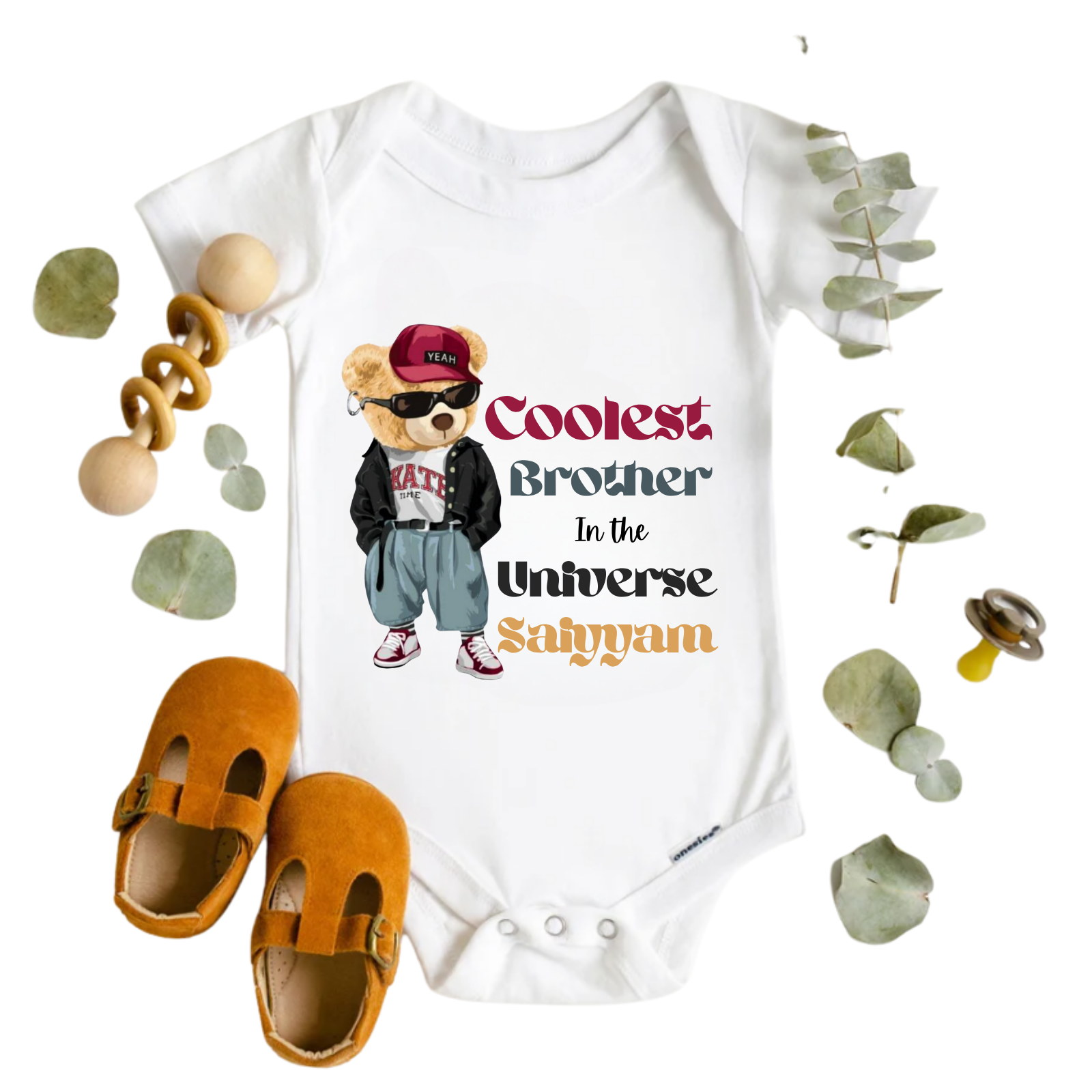Custom “Coolest Brother in the Universe” Baby Romper – Personalized Name – Hip-Hop Bear Graphic – Rakhi Special Gift