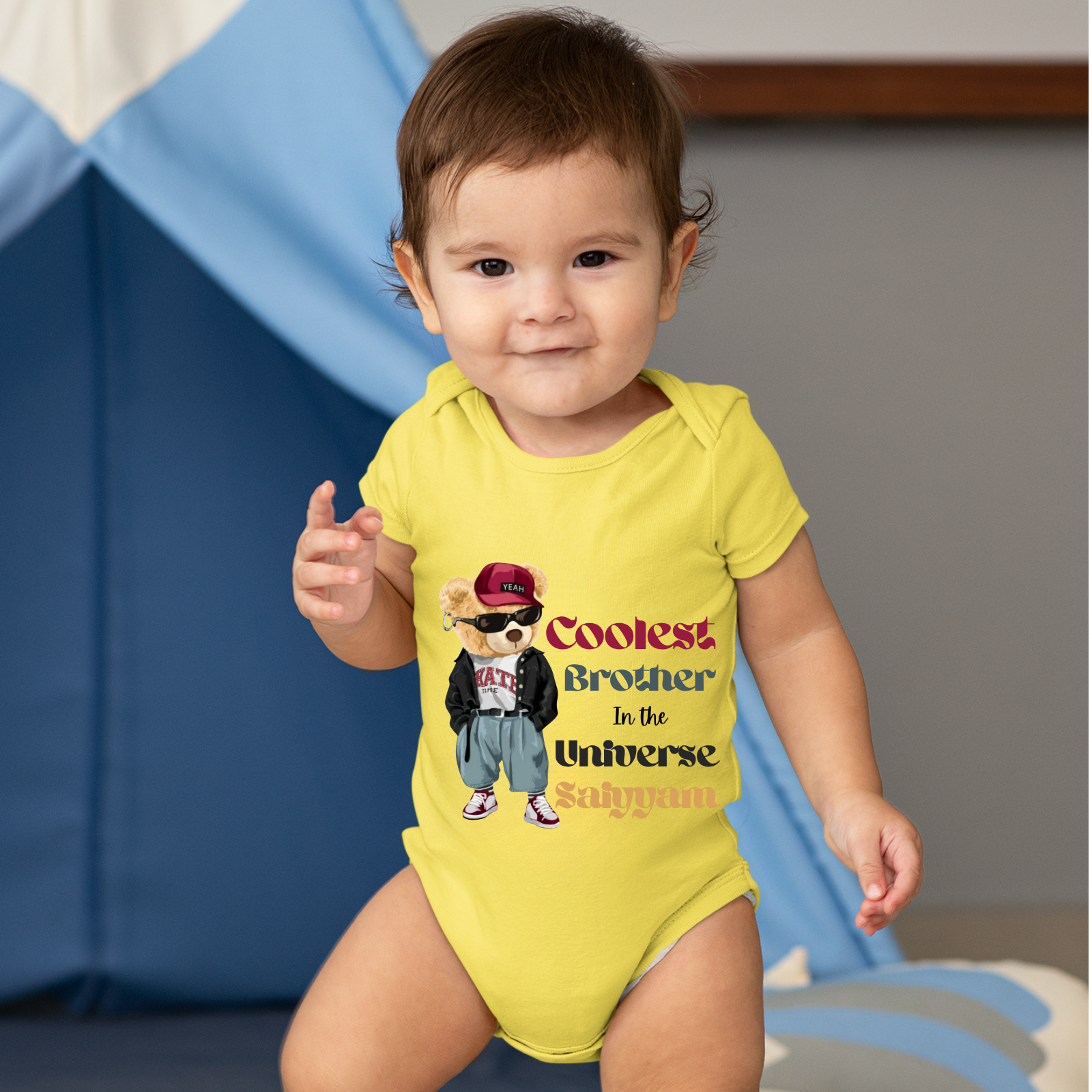 Custom “Coolest Brother in the Universe” Baby Romper – Personalized Name – Hip-Hop Bear Graphic – Rakhi Special Gift