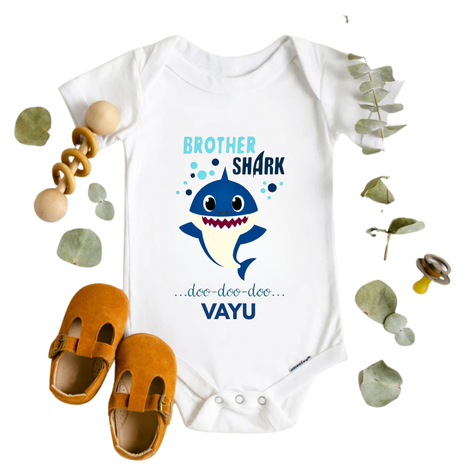 Custom “Brother Shark” Baby Romper – Baby Shark Themed – Personalized with Name – Cute Rakhi Gift for Baby Boy