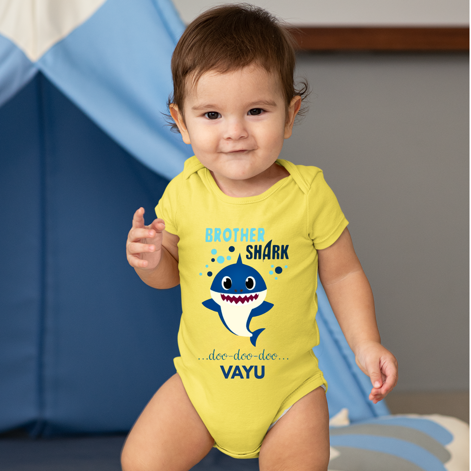 Custom “Brother Shark” Baby Romper – Baby Shark Themed – Personalized with Name – Cute Rakhi Gift for Baby Boy