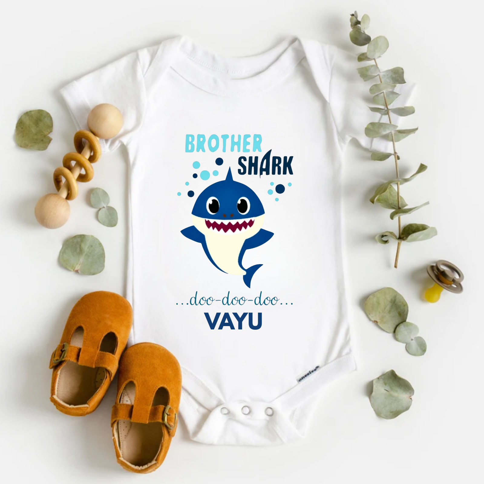 Custom “Brother Shark” Baby Romper – Baby Shark Themed – Personalized with Name – Cute Rakhi Gift for Baby Boy