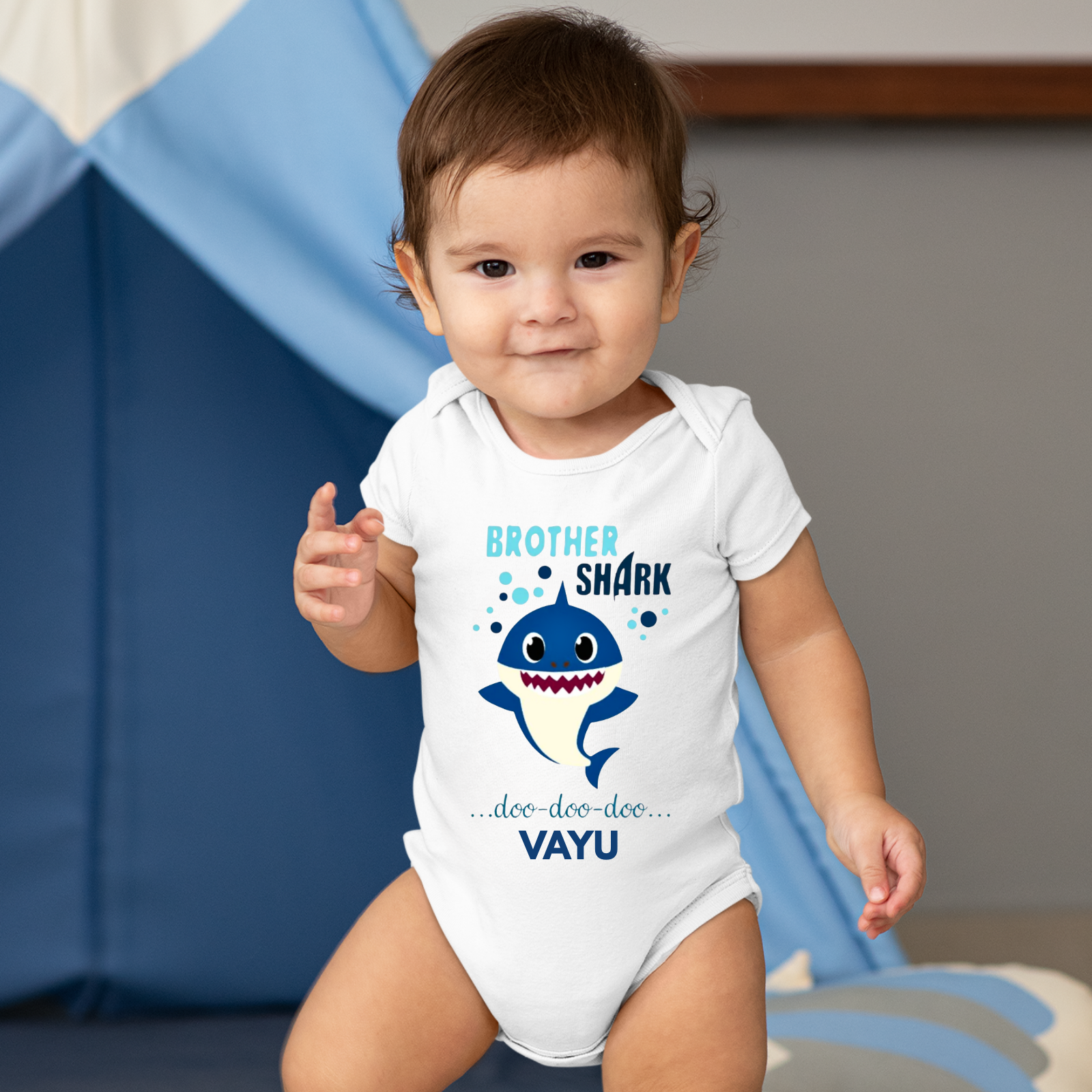 Custom “Brother Shark” Baby Romper – Baby Shark Themed – Personalized with Name – Cute Rakhi Gift for Baby Boy