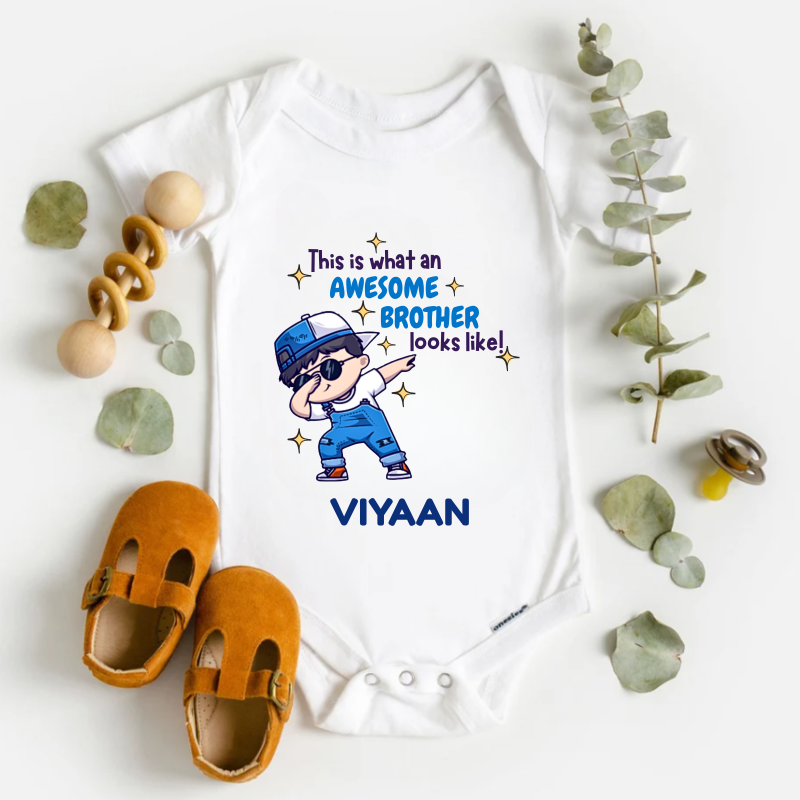 Awesome Brother Romper for Boys – Personalized Name onesie with Dabbing Cartoon – Raksha Bandhan Gift for New born & Baby Brothers