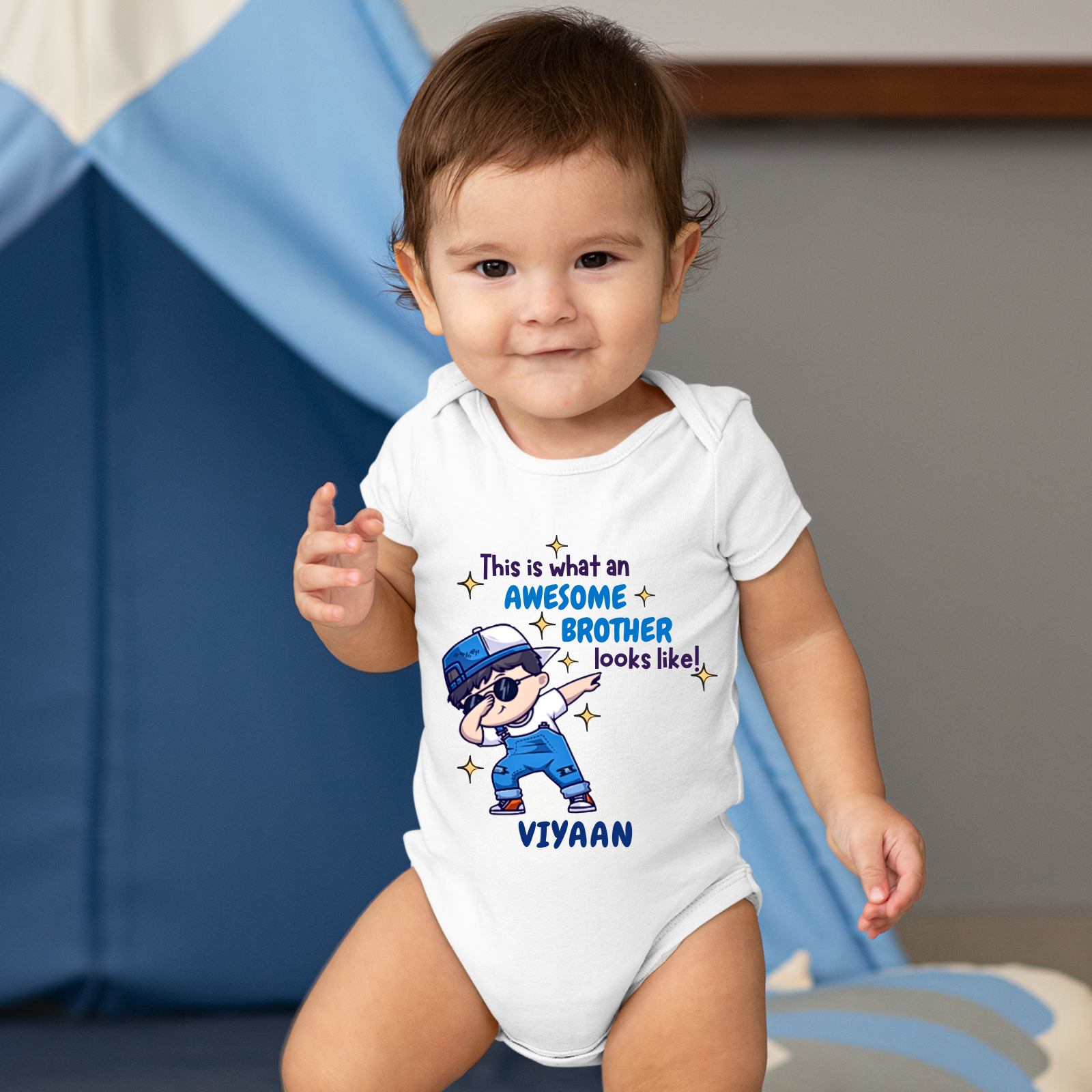 Awesome Brother Romper for Boys – Personalized Name onesie with Dabbing Cartoon – Raksha Bandhan Gift for New born & Baby Brothers