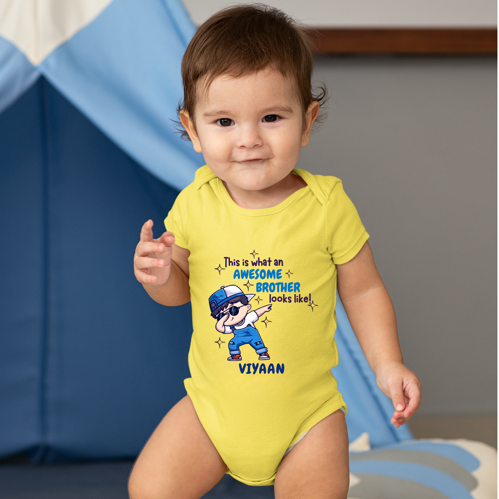 Awesome Brother Romper for Boys – Personalized Name onesie with Dabbing Cartoon – Raksha Bandhan Gift for New born & Baby Brothers