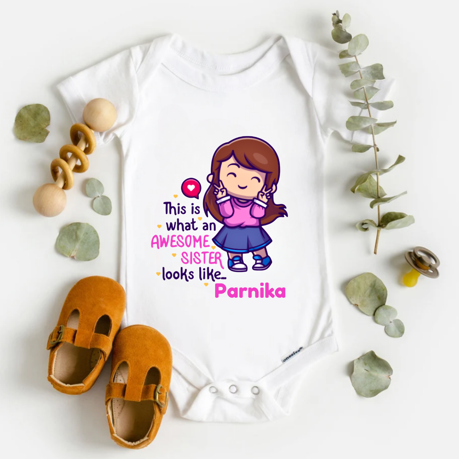 Awesome Sister T-Shirt for Girls – Personalized Name Cotton Romper – Raksha Bandhan Gift for Baby & Newborn Sisters