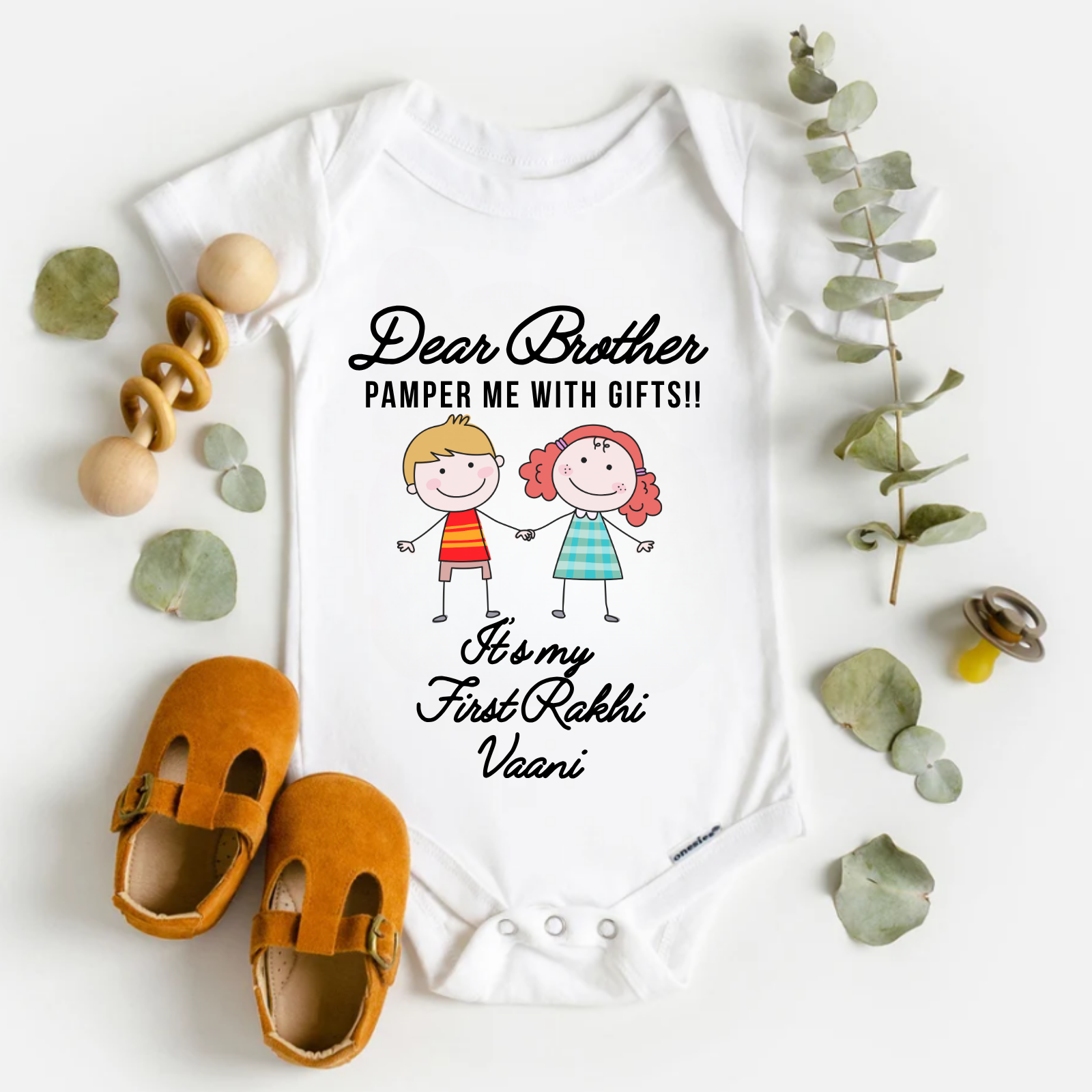 Dear Brother Pamper Me with Gifts Romper – Personalized First Rakhi Outfit for Girls – Custom Name Cotton Onesie