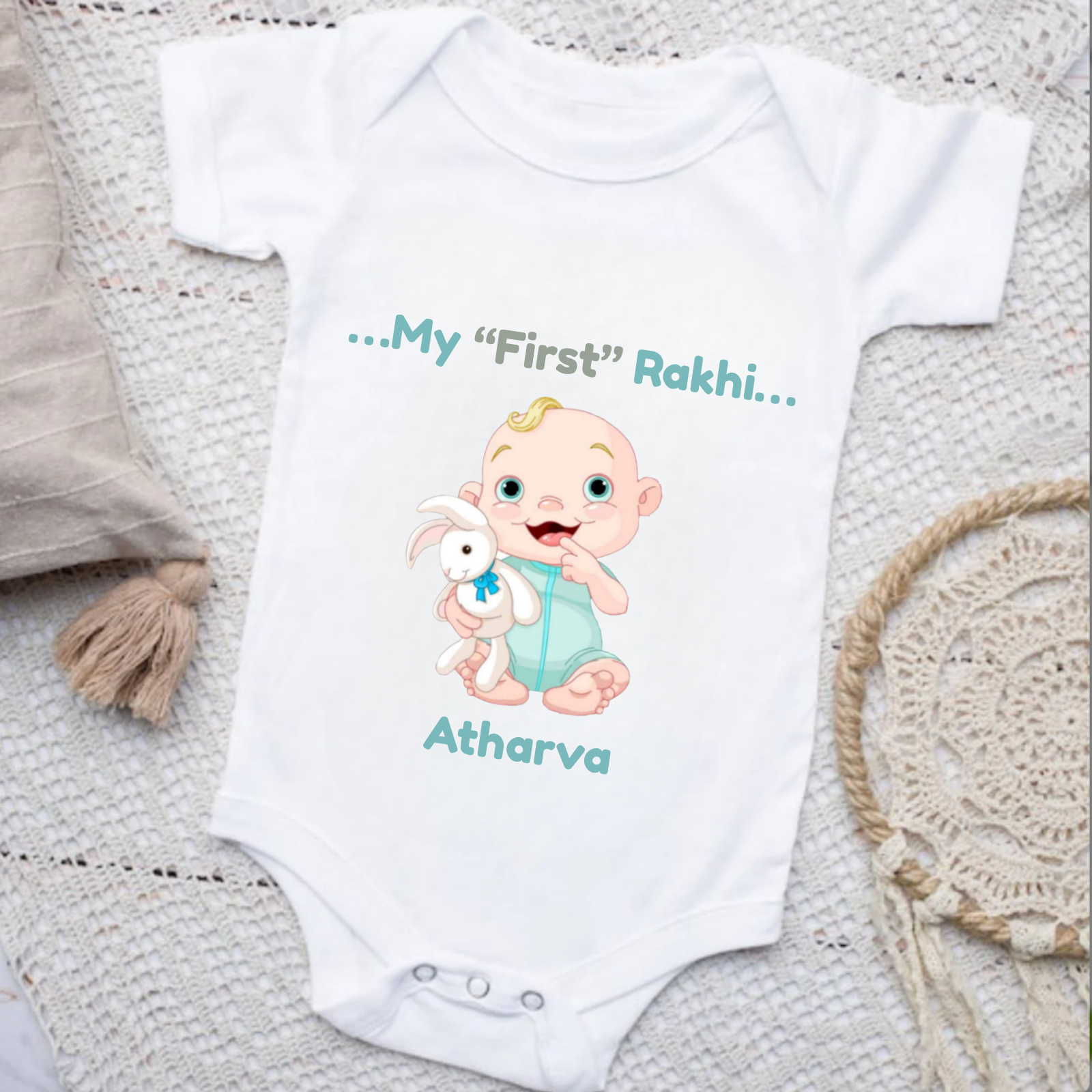 My First Rakhi Baby Romper – Personalized Name Onesie for Boys – Cute Raksha Bandhan Gift for Brothers