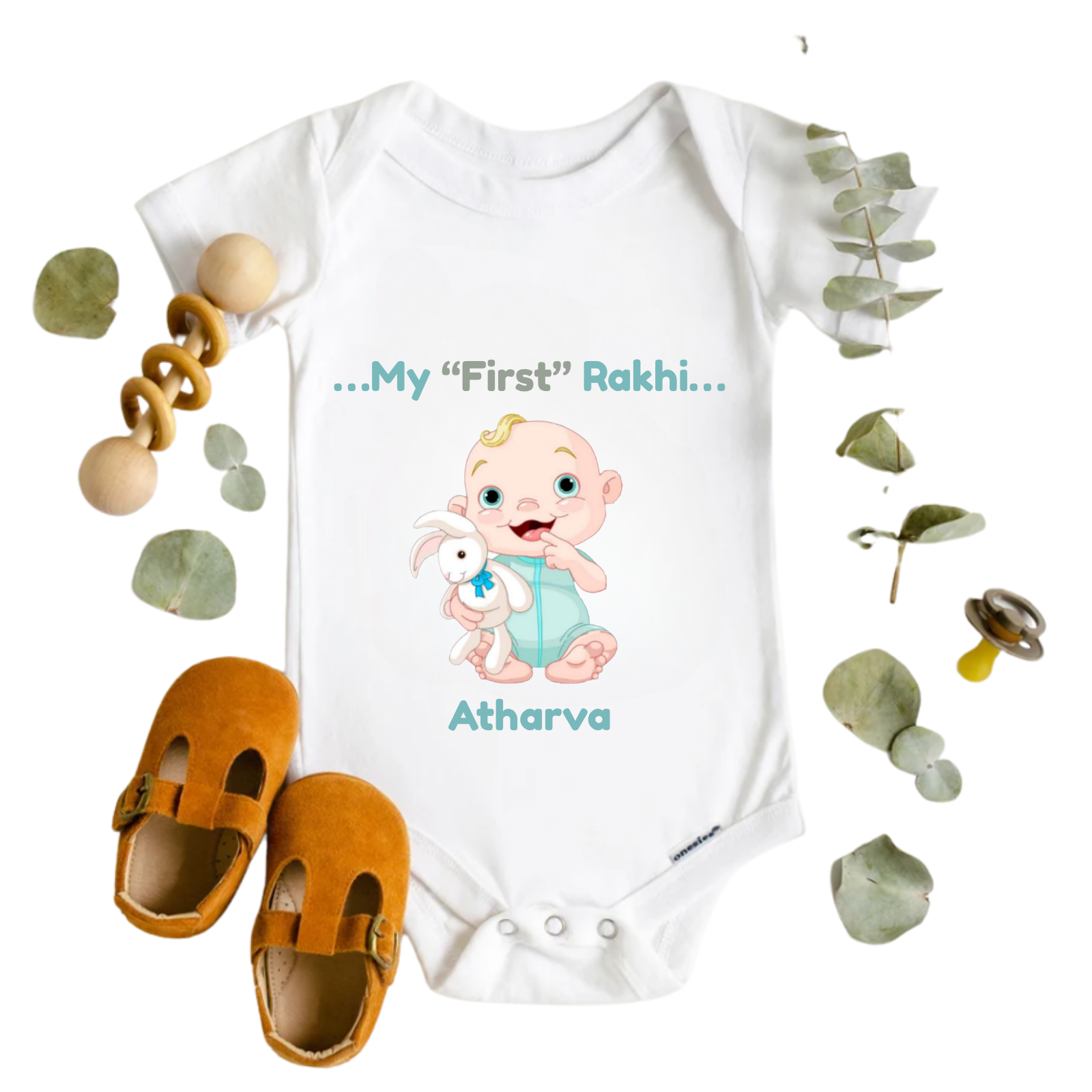 My First Rakhi Baby Romper – Personalized Name Onesie for Boys – Cute Raksha Bandhan Gift for Brothers