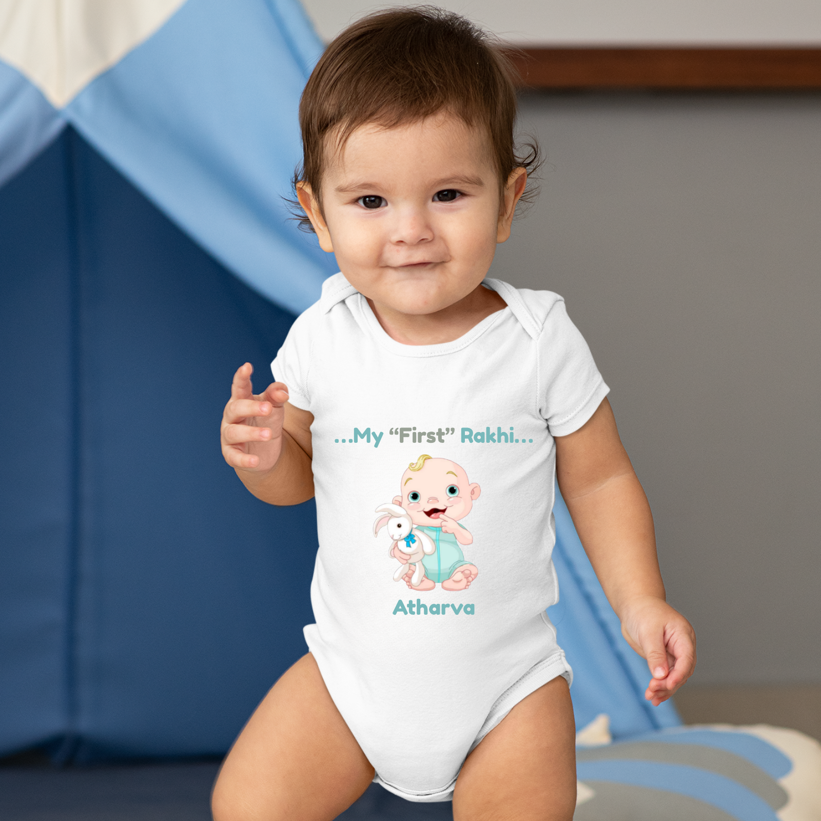 My First Rakhi Baby Romper – Personalized Name Onesie for Boys – Cute Raksha Bandhan Gift for Brothers