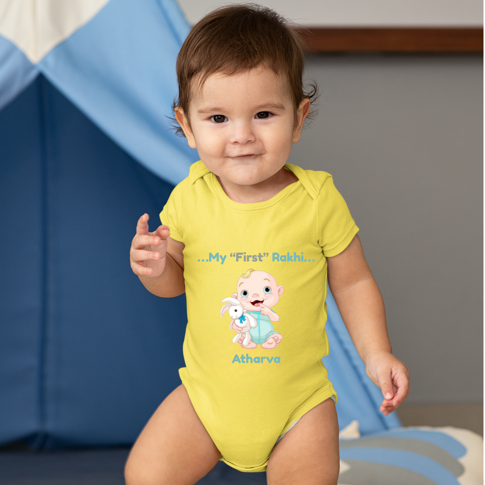 My First Rakhi Baby Romper – Personalized Name Onesie for Boys – Cute Raksha Bandhan Gift for Brothers