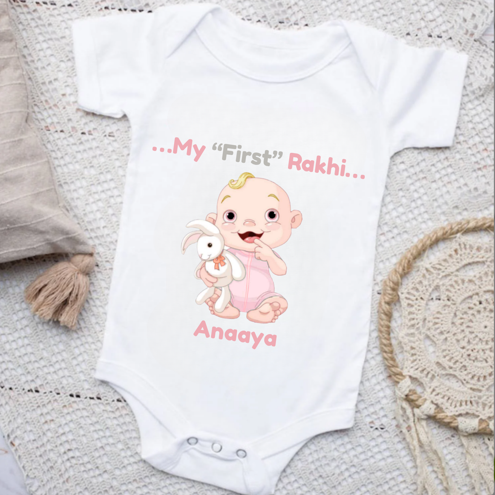 My First Rakhi Romper for Baby Girls – Personalized Name Cotton Onesie – Raksha Bandhan Outfit for Newborn