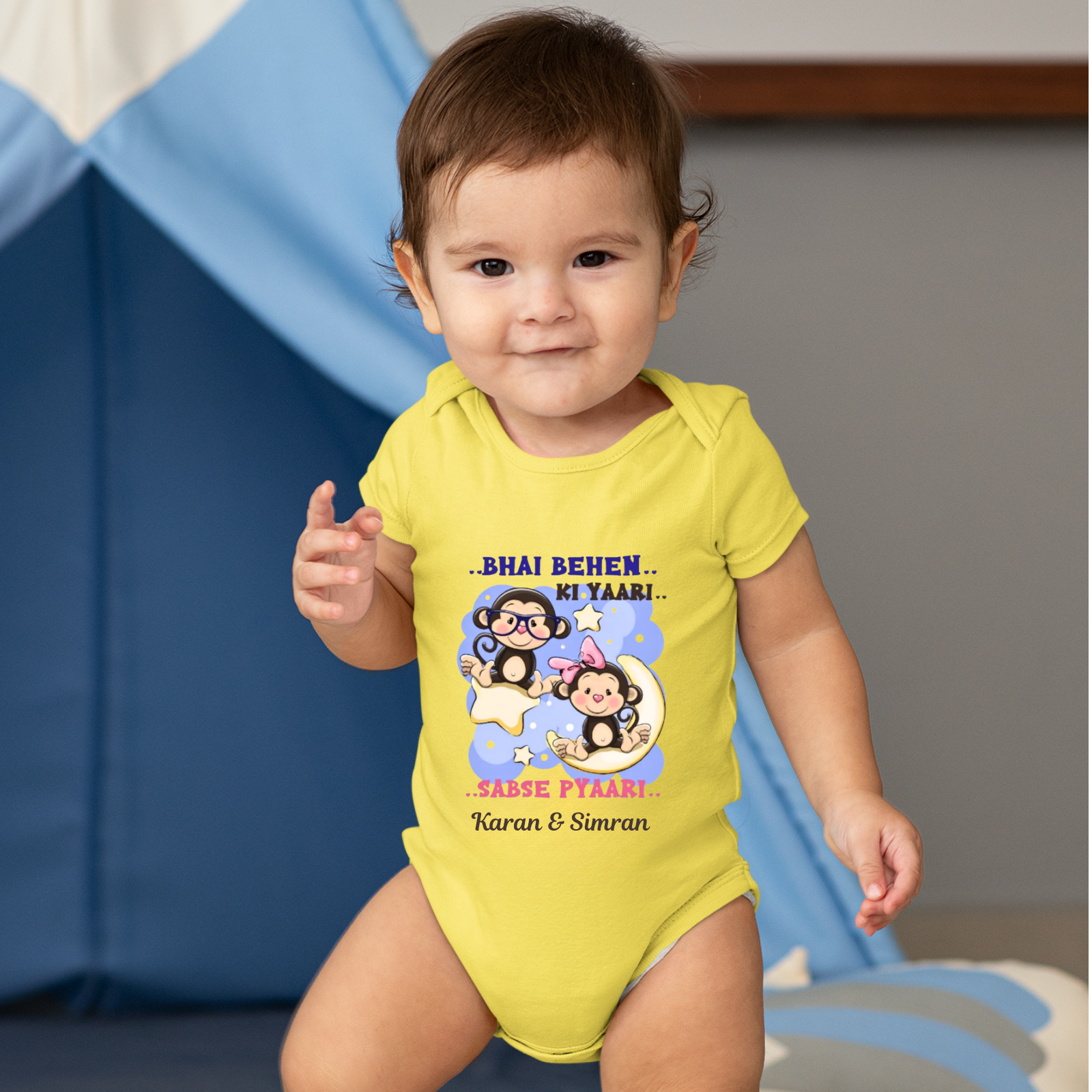 Bhai Behen Ki Yaari Rakhi Romper – Personalized Sibling Onesie for Baby Boys or Girls – Cute Cartoon Monkey Design with Custom Names