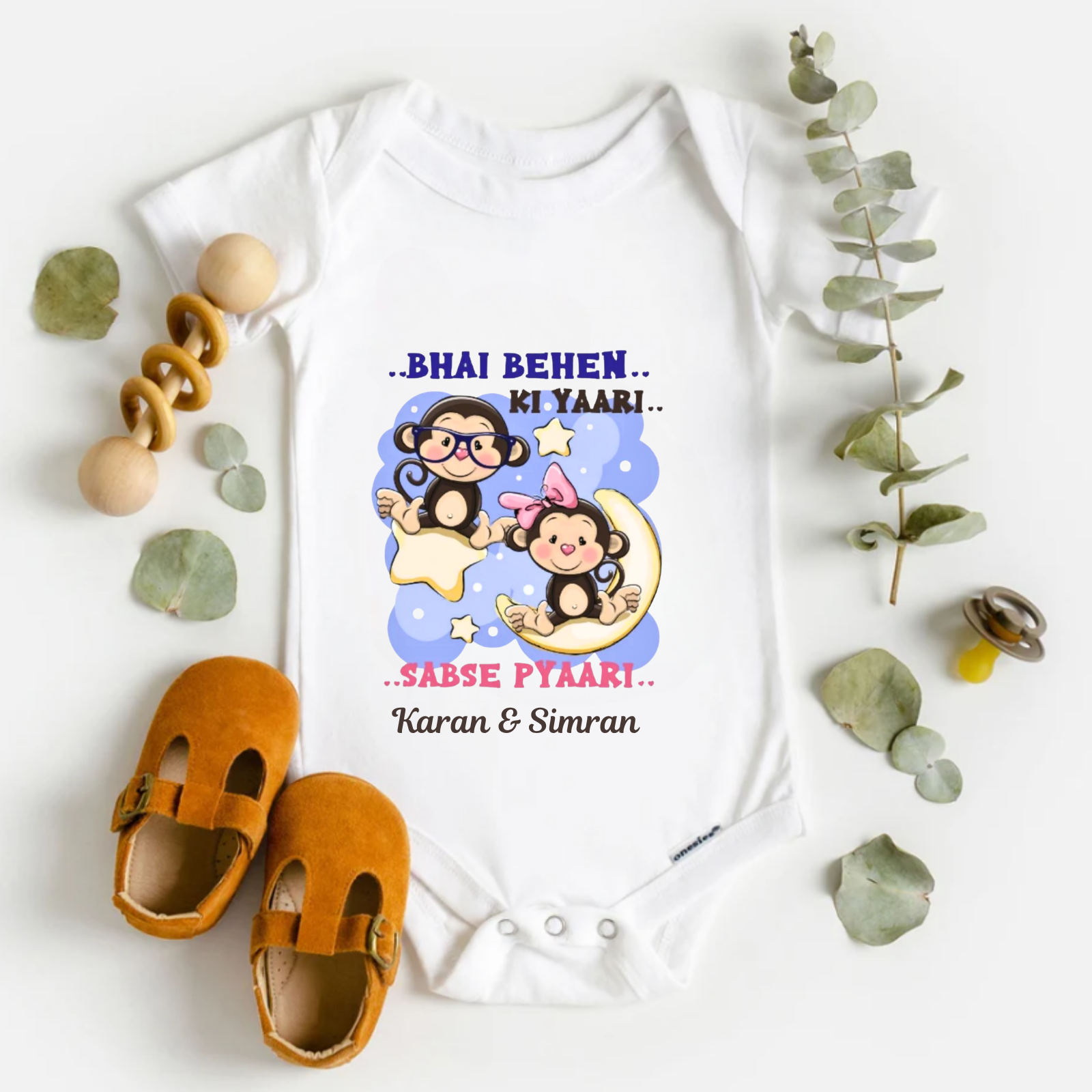 Bhai Behen Ki Yaari Rakhi Romper – Personalized Sibling Onesie for Baby Boys or Girls – Cute Cartoon Monkey Design with Custom Names