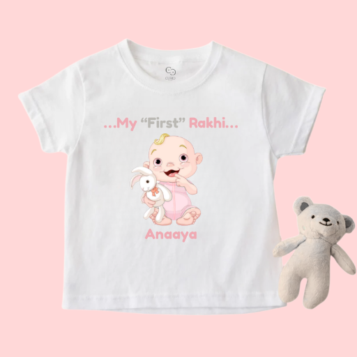 My First Rakhi T-Shirt for Baby Girls – Personalized Name Cotton Tee – Raksha Bandhan Outfit for Infants