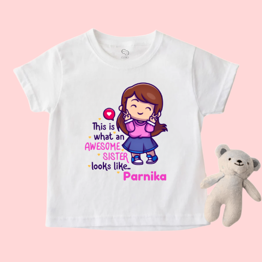 Awesome Sister T-Shirt for Girls – Personalized Name Cotton Tee – Raksha Bandhan Gift for Baby & Toddler Sisters