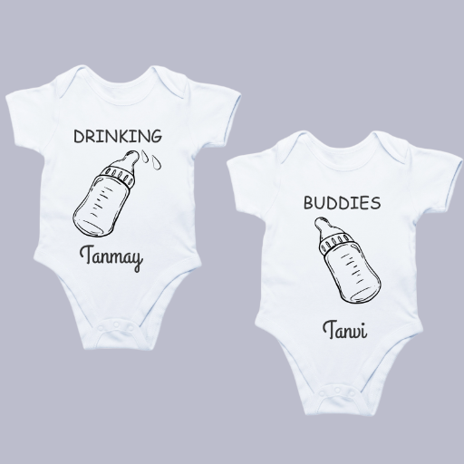 Drinking Buddies Twin Baby Onesies | Personalized Twin Outfits | Custom Name Baby Bodysuits | Funny Twin Set Gift