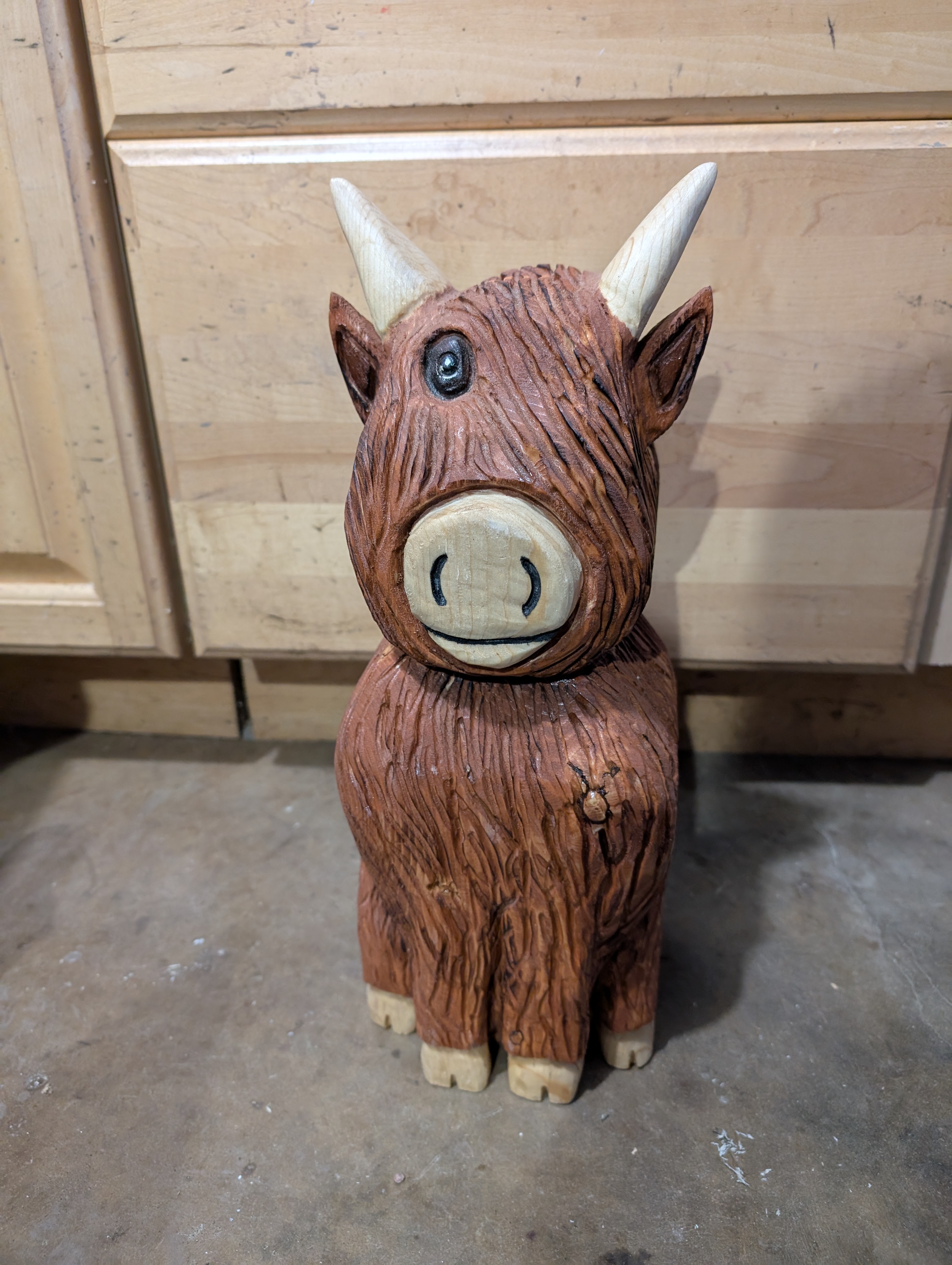 One Eye Wooden Highland Cow Sculpture