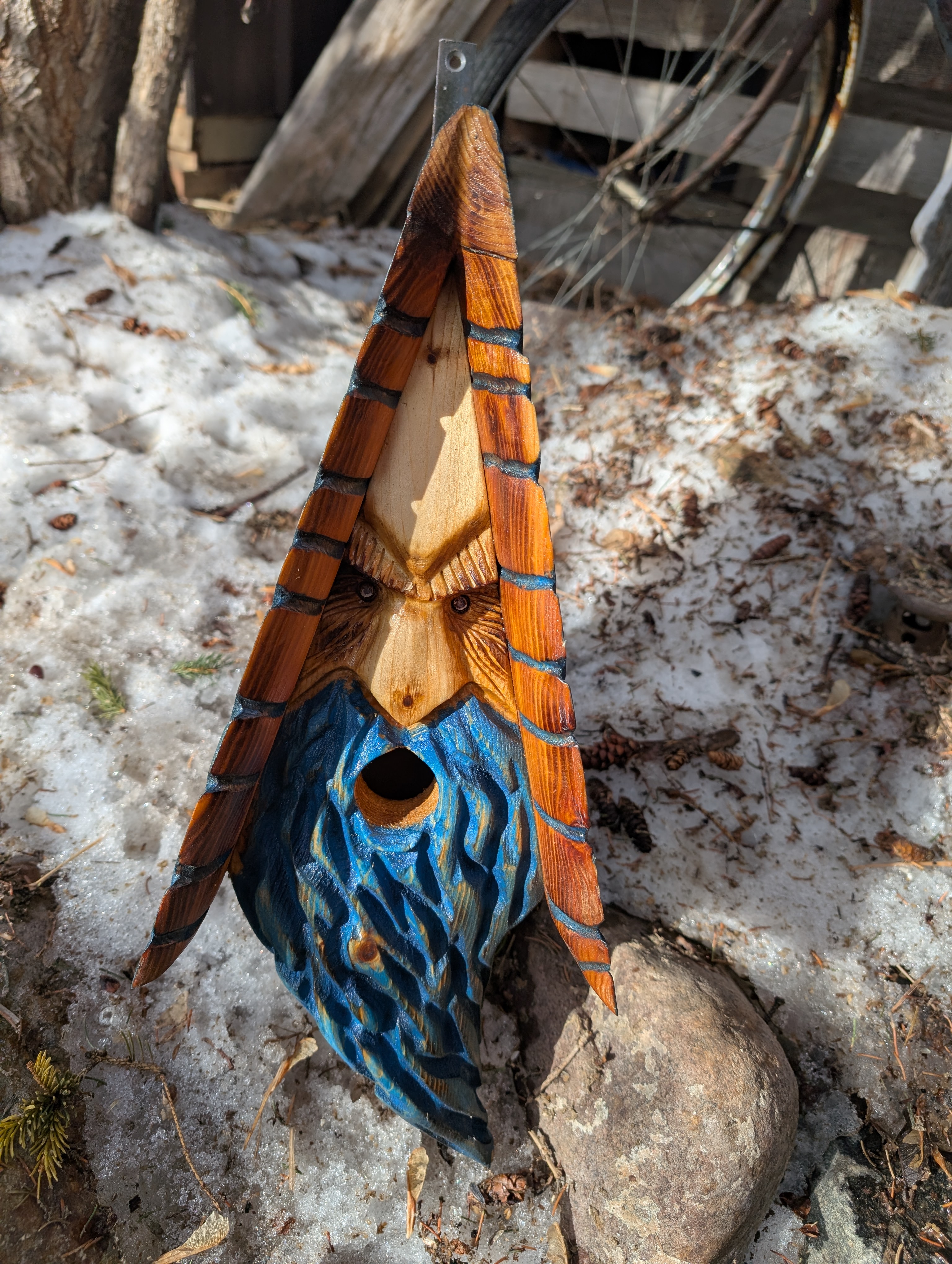 Blue Ice Hand-Carved A-frame Wooden Birdhouse
