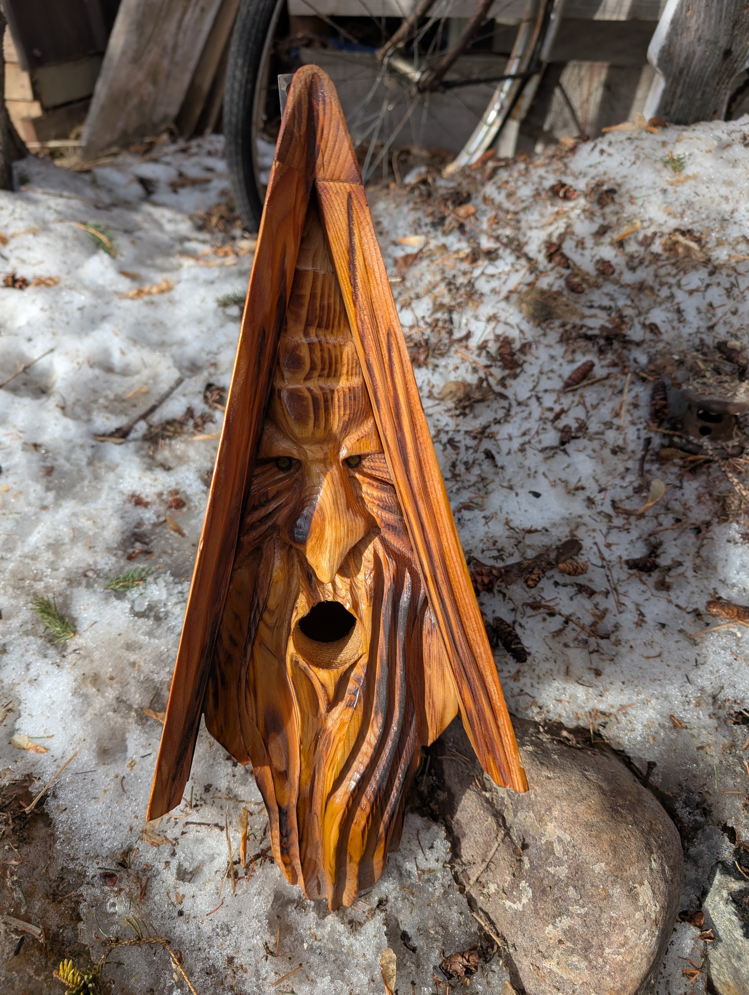 Smooth Operator Hand-carved A-frame Wooden Birdhouse