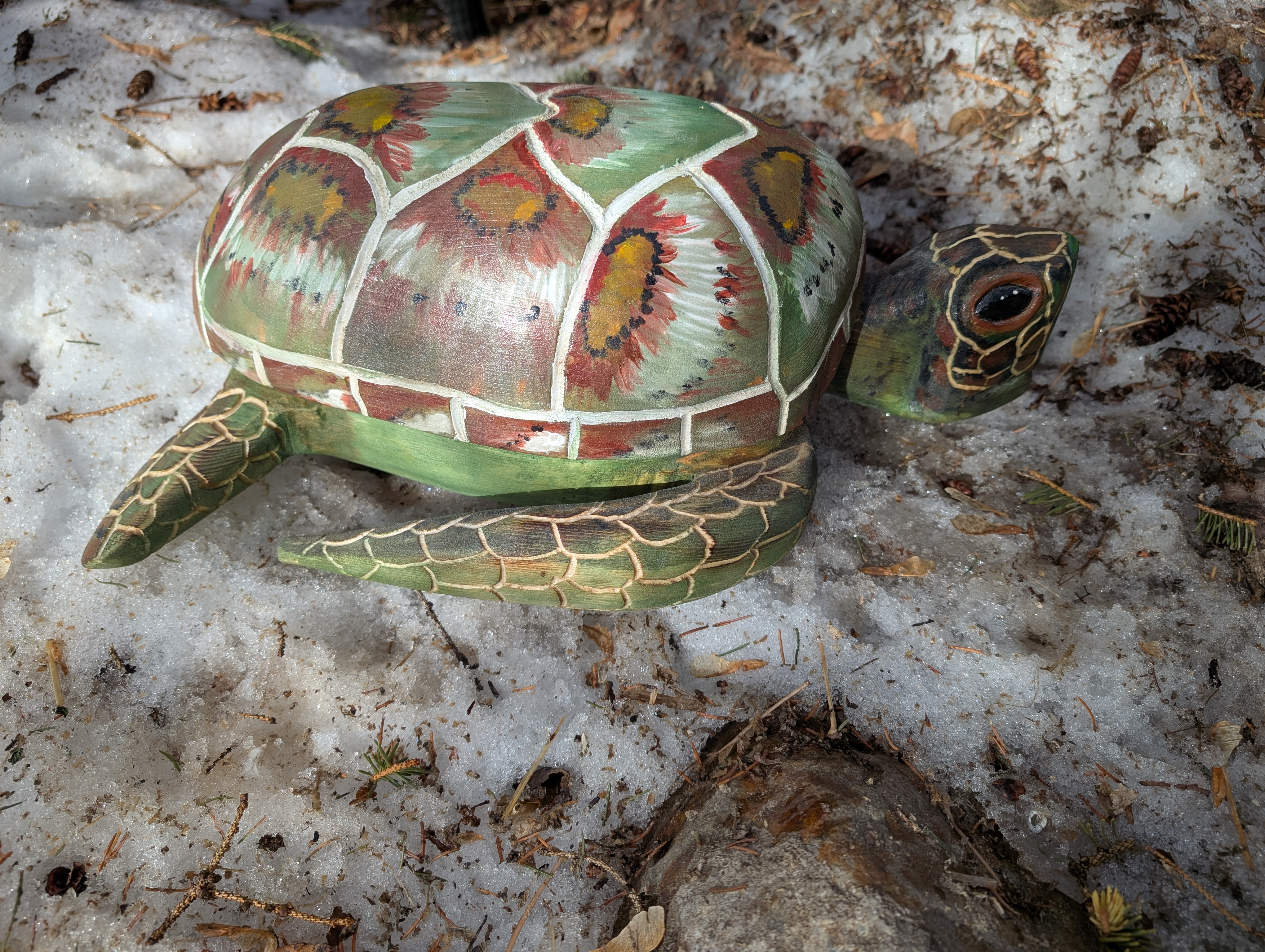 Hand-Painted Carved Wooden Turtle 