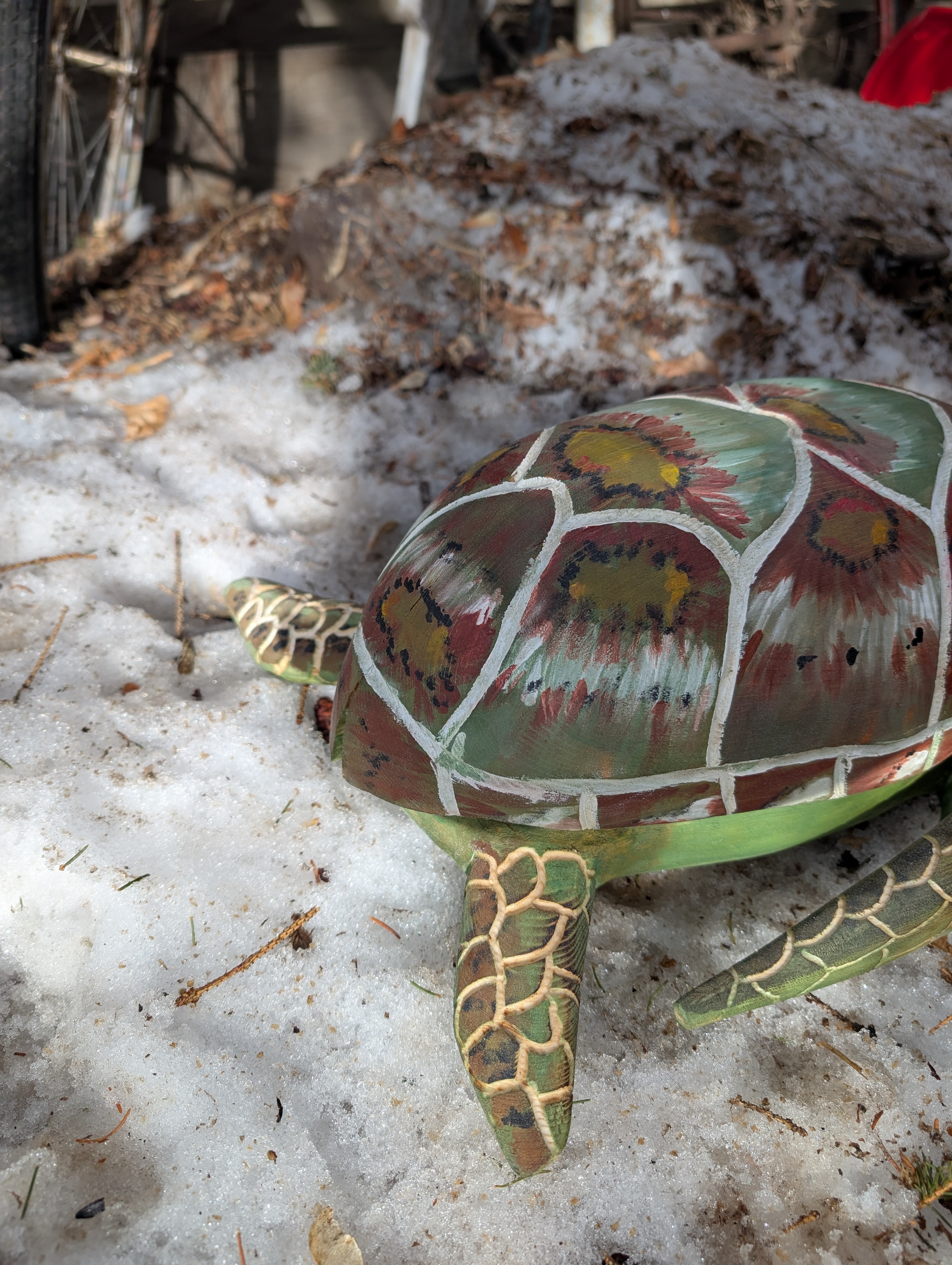 Hand-Painted Carved Wooden Turtle 