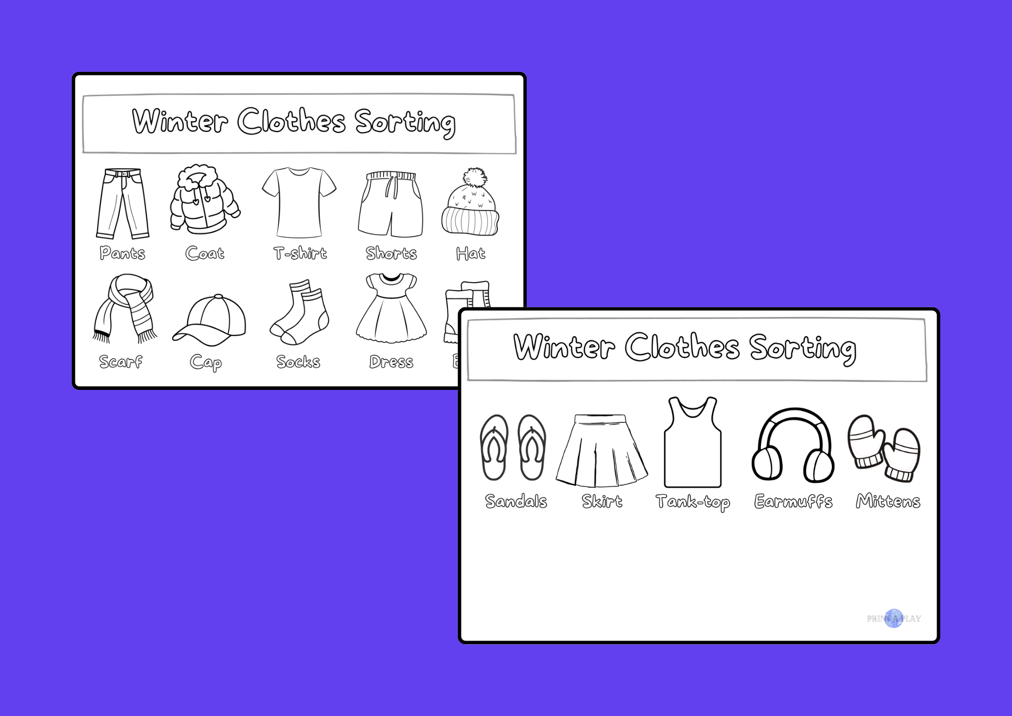 Winter Clothes Sorting Activity (in black & white)