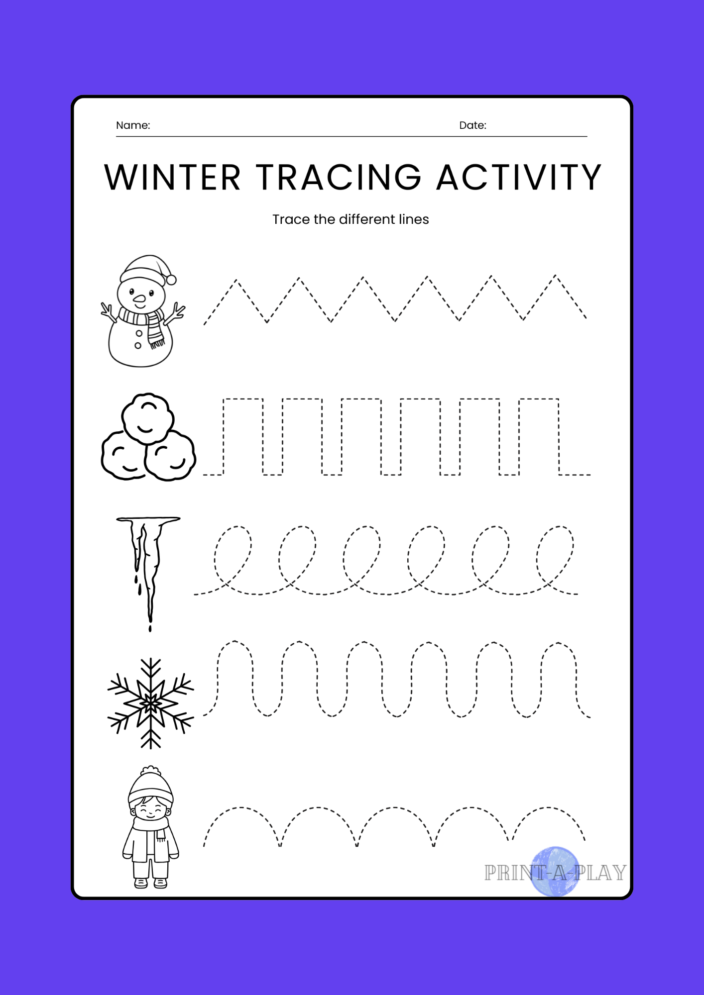 Winter Tracing Activity (in black & white)