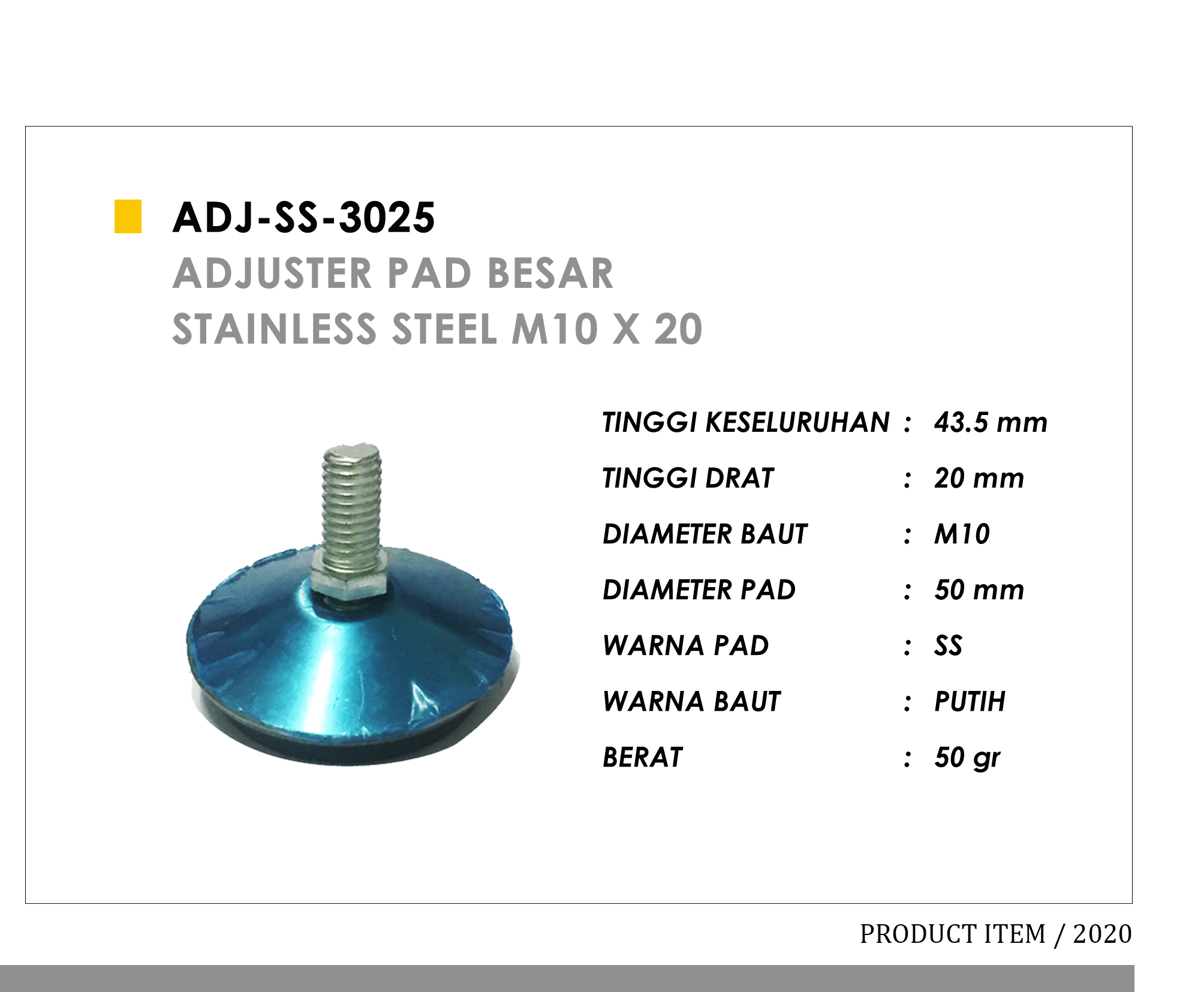 3025 - Adjuster Pad Besar Stainless Steel M10 x 20