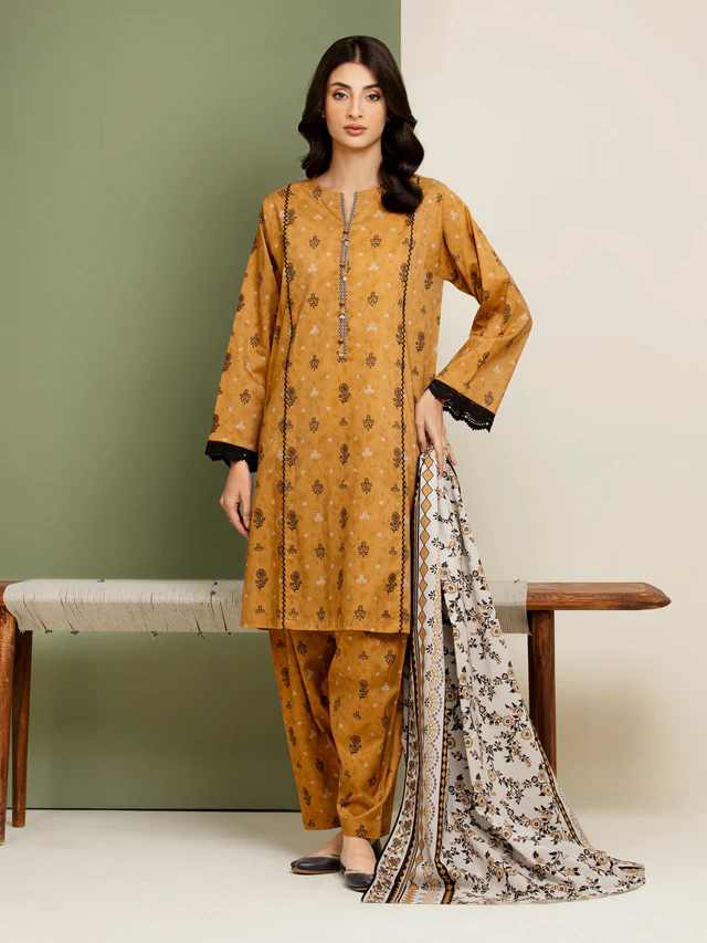 Edenrobe Unstitched Light Brown Printed Lawn 3 Piece