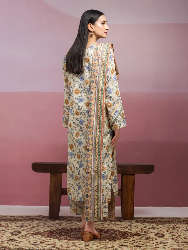 Edenrobe Unstitched Beige Printed Lawn 3 Piece