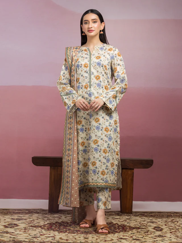 Edenrobe Unstitched Beige Printed Lawn 3 Piece