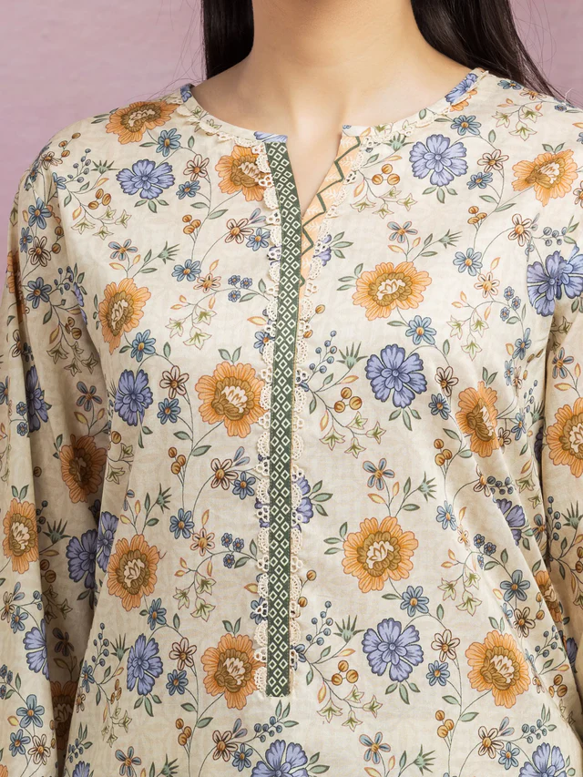 Edenrobe Unstitched Beige Printed Lawn 3 Piece