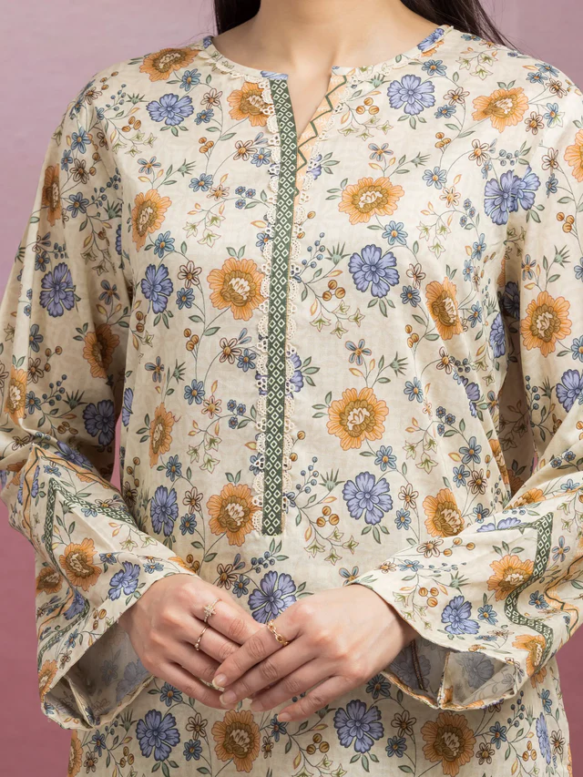 Edenrobe Unstitched Beige Printed Lawn 3 Piece