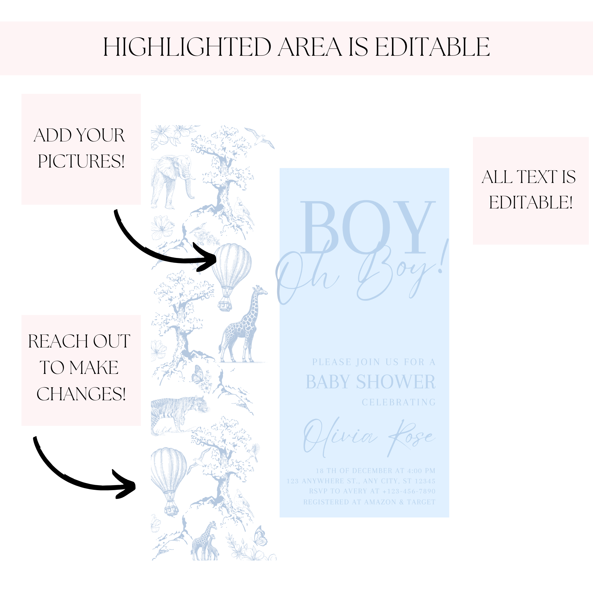 Toile de Jouy Baby Shower Invitation Dusty Blue Safari Theme
