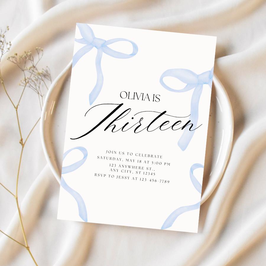 Coquette Birthday Invitation Blue Bow Invite