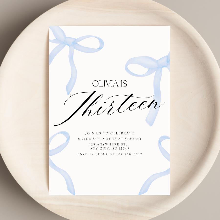 Coquette Birthday Invitation Blue Bow Invite
