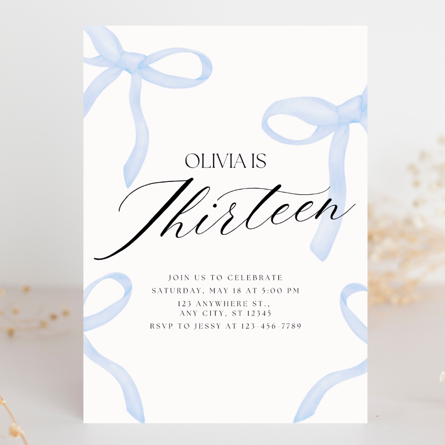 Coquette Birthday Invitation Blue Bow Invite