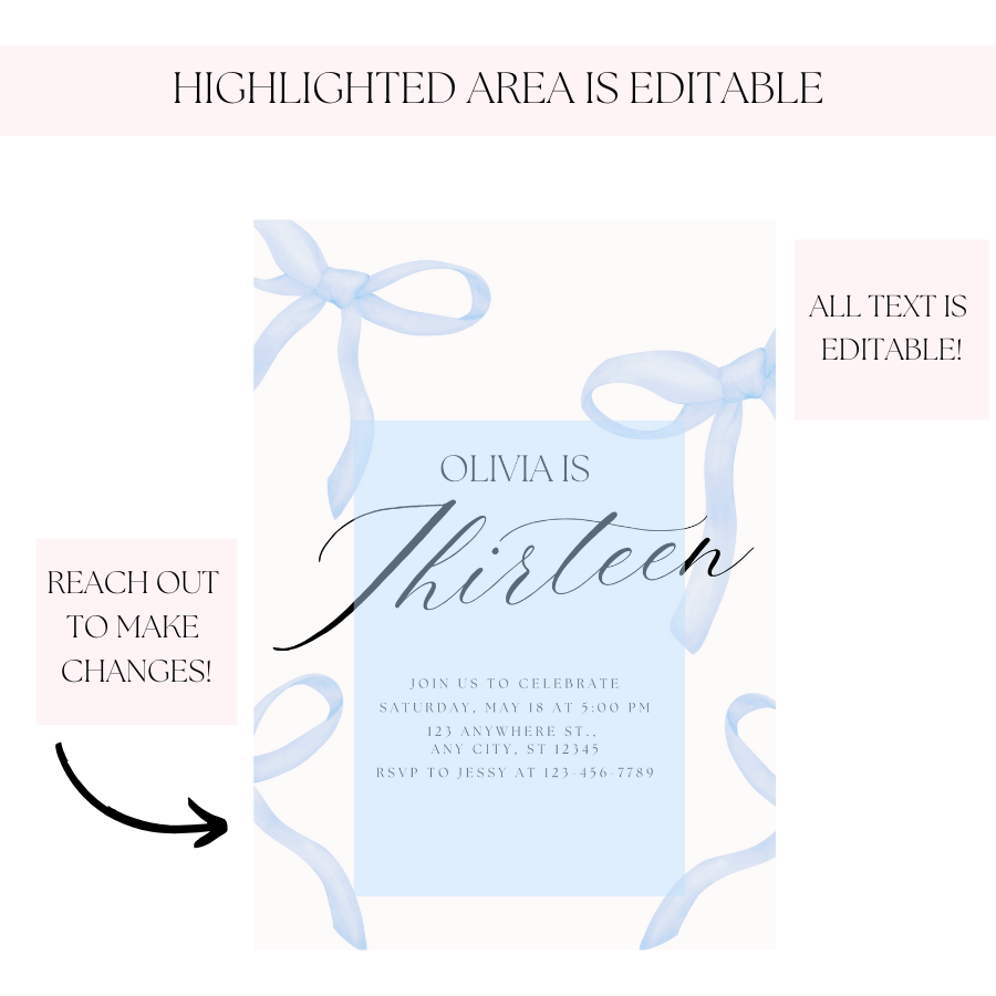 Coquette Birthday Invitation Blue Bow Invite