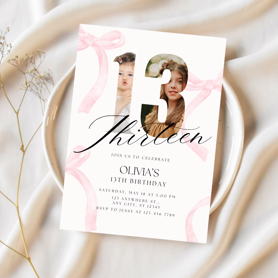 Coquette Birthday Invitation Pink Bow Photo Invite 
