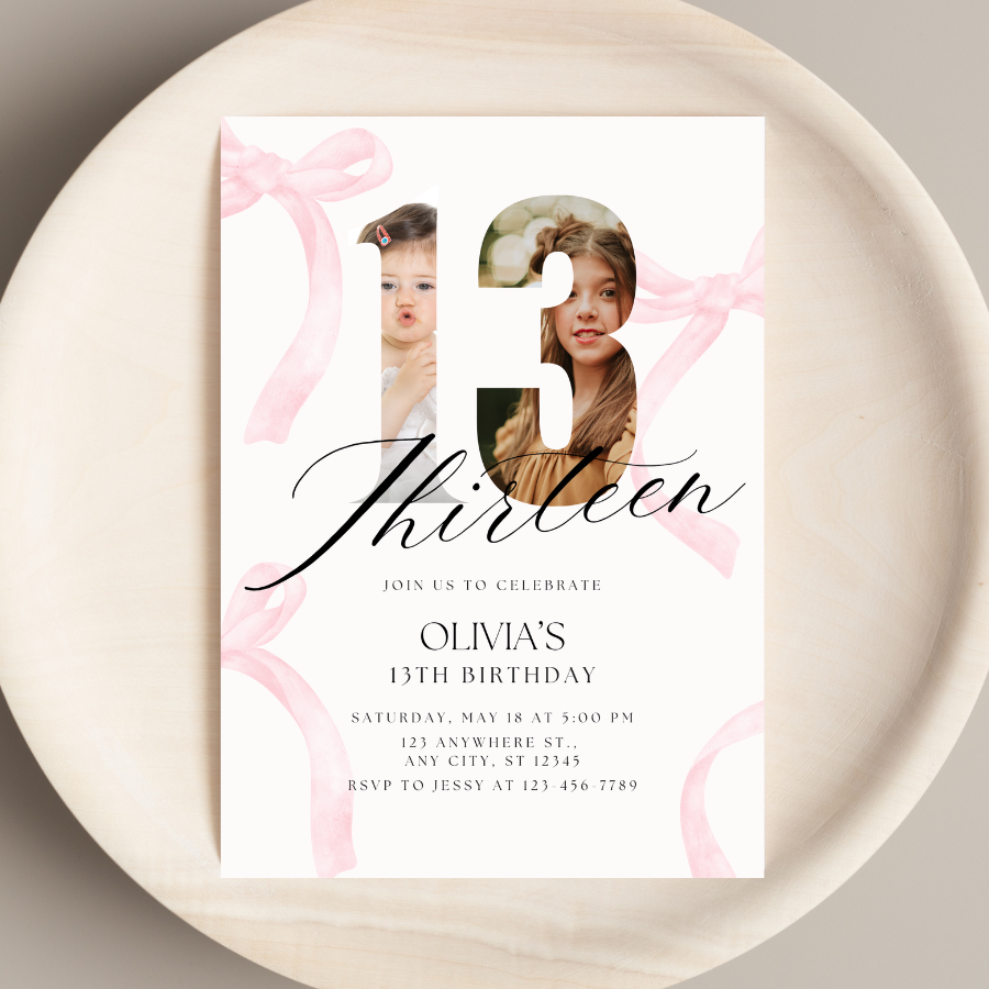 Coquette Birthday Invitation Pink Bow Photo Invite