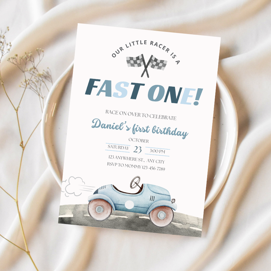 Fast One Birthday Invitation Race Car