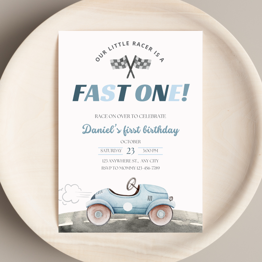 Fast One Birthday Invitation Race Car