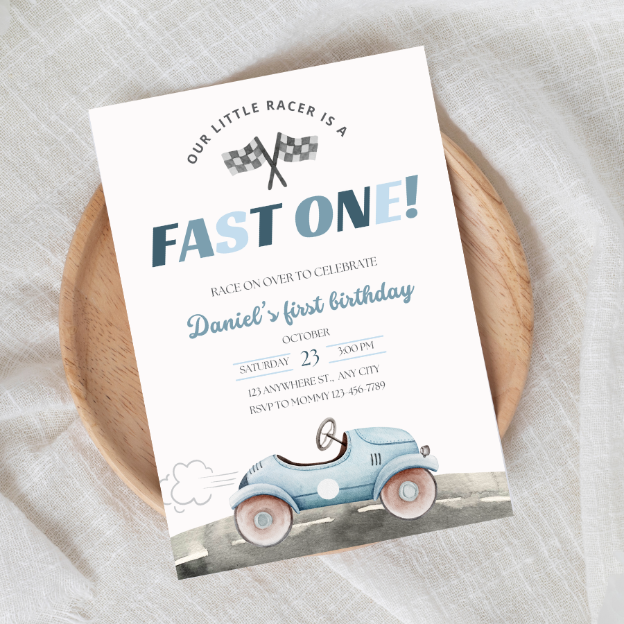 Fast One Birthday Invitation Race Car