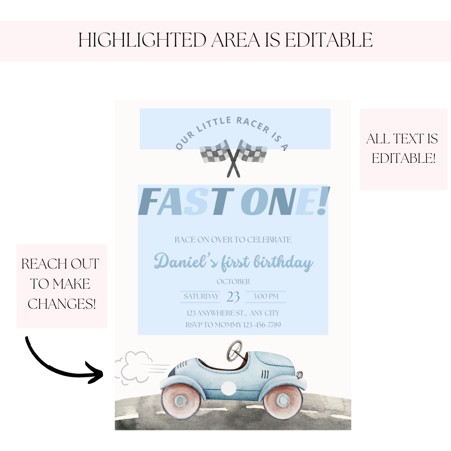 Fast One Birthday Invitation Race Car
