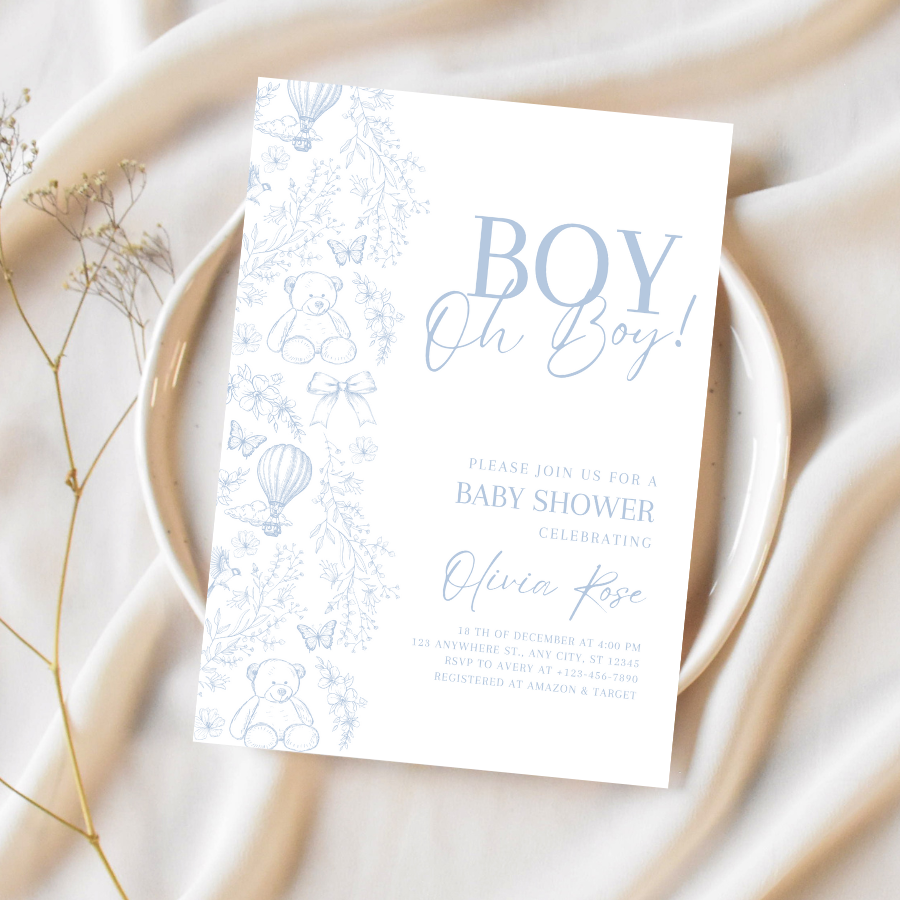 Toile de Jouy Baby Shower Invitation Dusty Blue Teddy Bear Theme